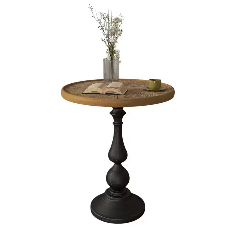 Table d'appoint ronde rétro en bois VIYET 23 – Piètement en métal style campagne française, bois naturel