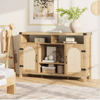 Meuble de bar à vin de ferme 59" avec porte coulissante en rotin - Bar à café avec casier à vin, étagères réglables, buffet pour cuisine et salle à manger