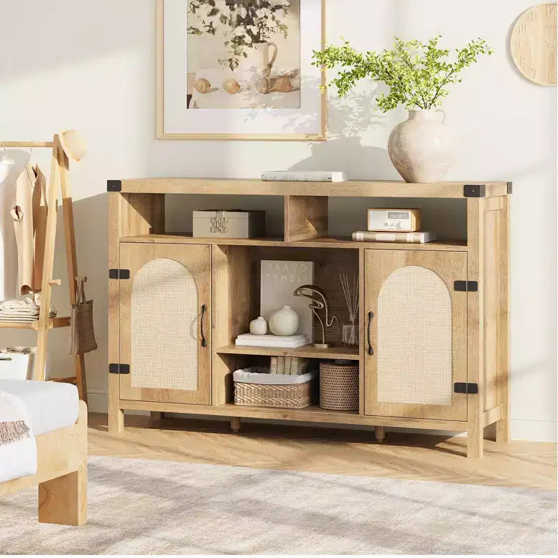 Meuble de bar à vin de ferme 59" avec porte coulissante en rotin - Bar à café avec casier à vin, étagères réglables, buffet pour cuisine et salle à manger