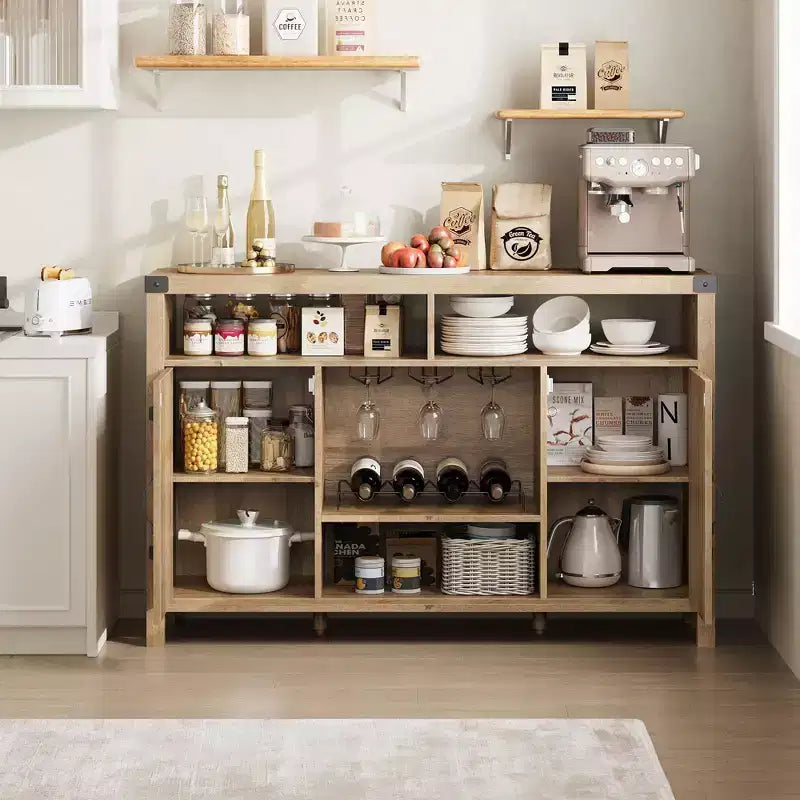 Meuble de bar à vin de ferme 59" avec porte coulissante en rotin - Bar à café avec casier à vin, étagères réglables, buffet pour cuisine et salle à manger