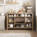 Meuble de bar à vin de ferme 59" avec porte coulissante en rotin - Bar à café avec casier à vin, étagères réglables, buffet pour cuisine et salle à manger