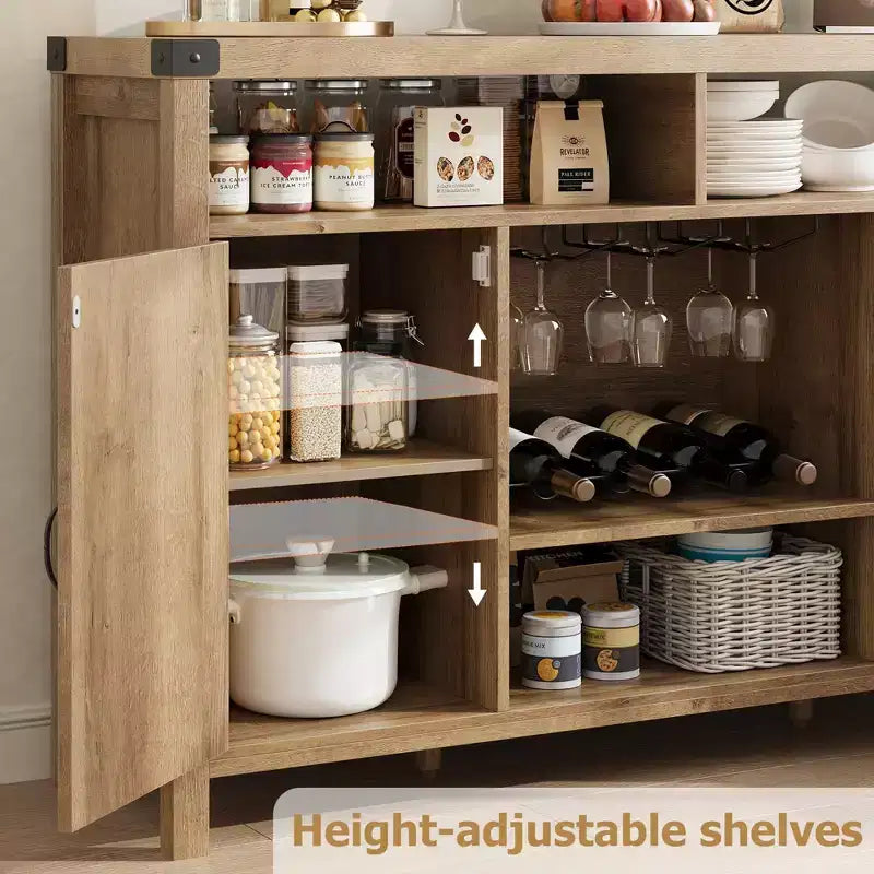 Meuble de bar à vin de ferme 59" avec porte coulissante en rotin - Bar à café avec casier à vin, étagères réglables, buffet pour cuisine et salle à manger
