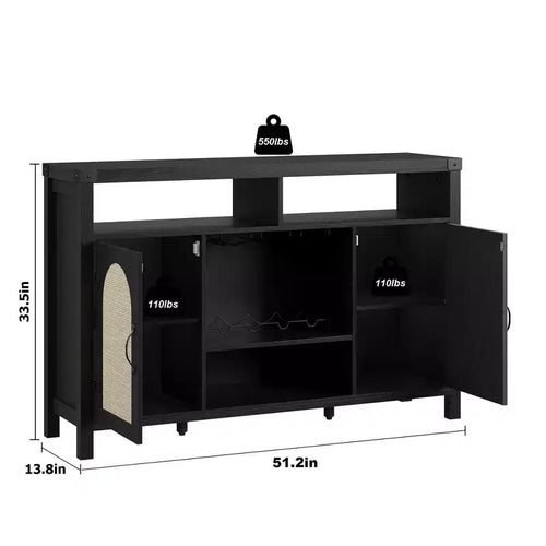 Meuble de bar à vin de ferme 59" avec porte coulissante en rotin - Bar à café avec casier à vin, étagères réglables, buffet pour cuisine et salle à manger