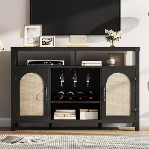 59 Farmhouse Wine Bar Cabinet with Rattan Sliding Door - Coffee Bar with Wine Rack, Adjustable Shelves, Sideboard for Kitchen & Dining Room