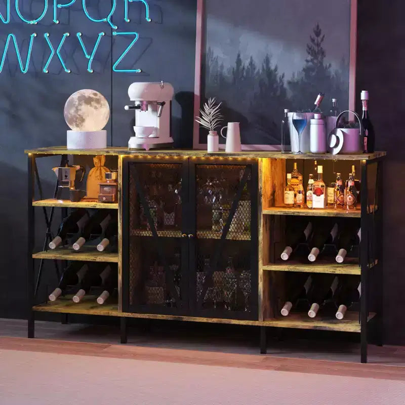 Meuble de bar à vin de ferme, buffet de bar à café industriel avec casier à vin et porte-verres