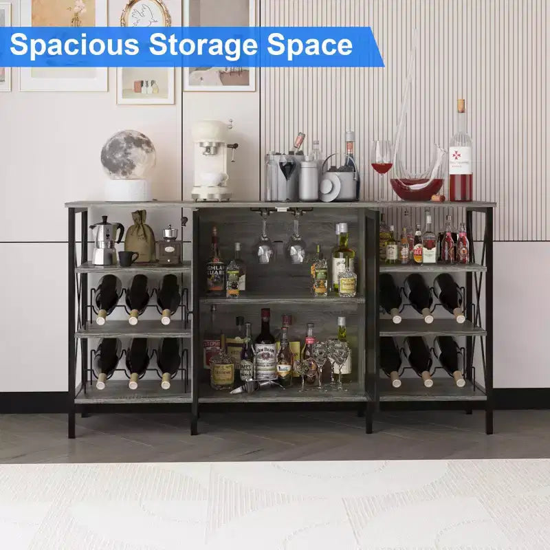 Meuble de bar à vin de ferme, buffet de bar à café industriel avec casier à vin et porte-verres