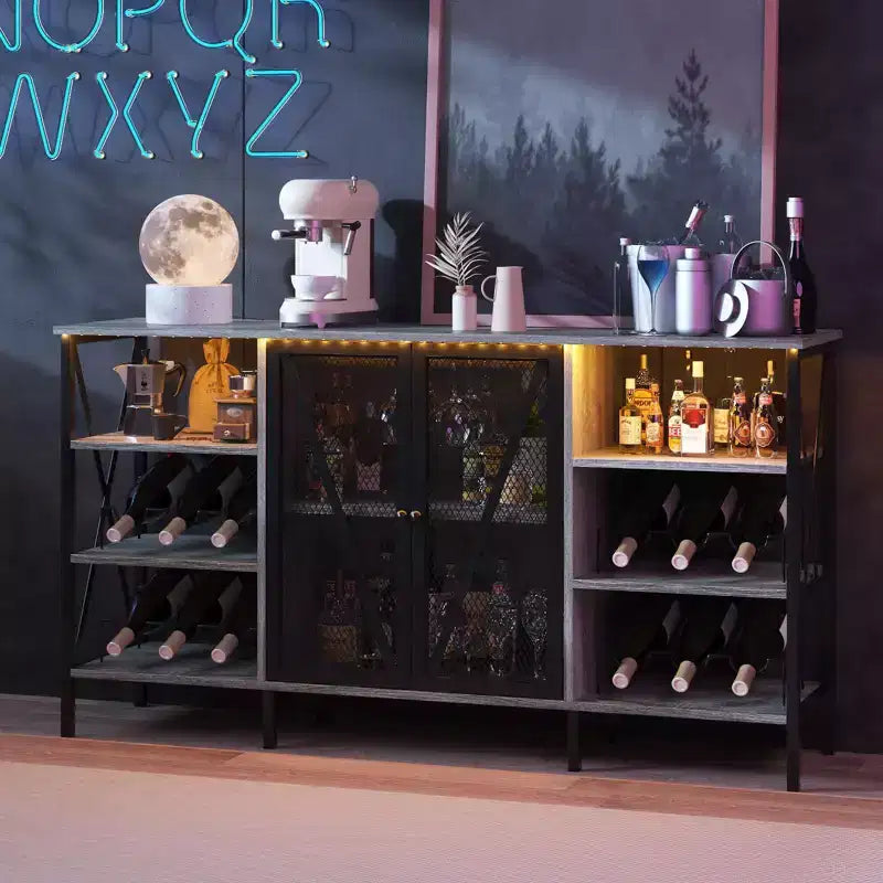 Meuble de bar à vin de ferme, buffet de bar à café industriel avec casier à vin et porte-verres