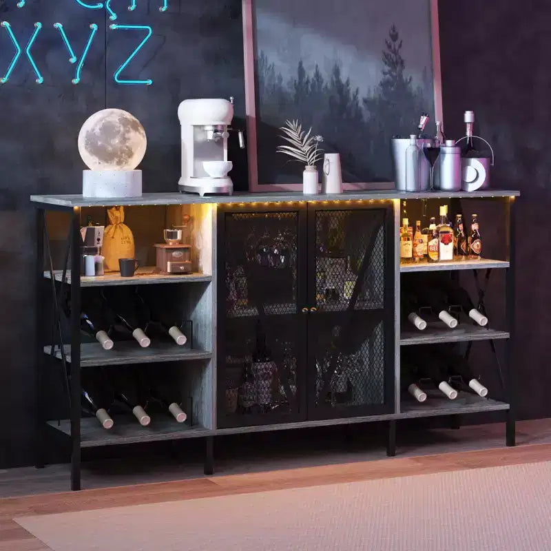 Meuble de bar à vin de ferme, buffet de bar à café industriel avec casier à vin et porte-verres