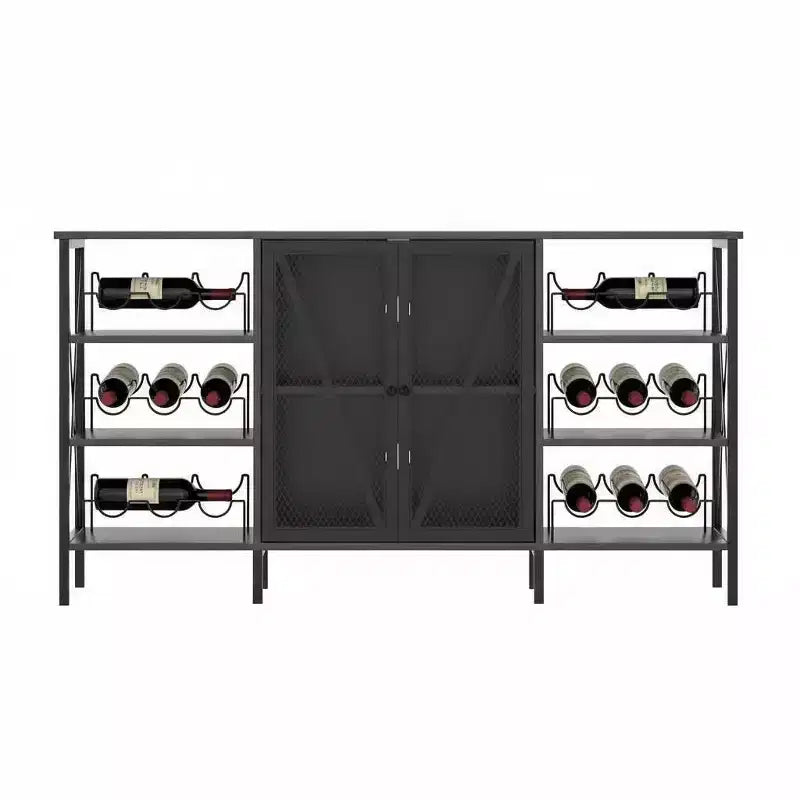 Farmhouse Wine Bar Cabinet, Industrial Coffee Bar Sideboard with Wine Rack and Glass Holder