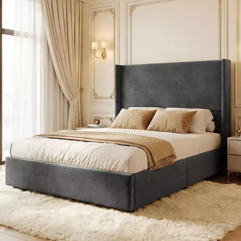 Lit Dyonery en lin naturel, hauteur 140 cm, structure renforcée, convient aux matelas de 20 à 35 cm d'épaisseur, pas besoin de sommier tapissier