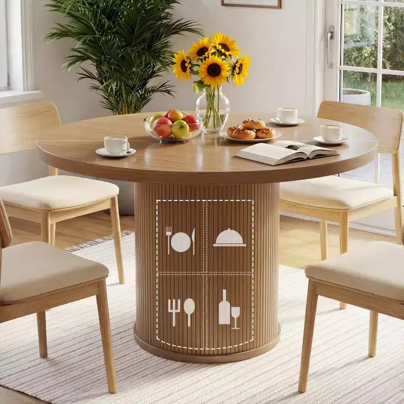 Table de salle à manger circulaire à quatre places Dyonery 35, un modèle moderne avec espace de rangement à double couche et portes coulissantes
