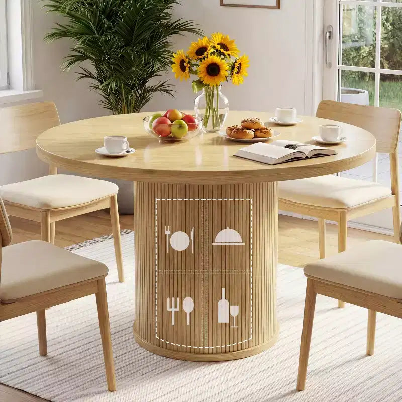 Table de salle à manger circulaire à quatre places Dyonery 35, un modèle moderne avec espace de rangement à double couche et portes coulissantes