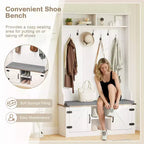 Portemanteau Costway 68,5" 4-en-1 avec banc rembourré, rangement à chaussures, 7 patères et 2 placards, blanc