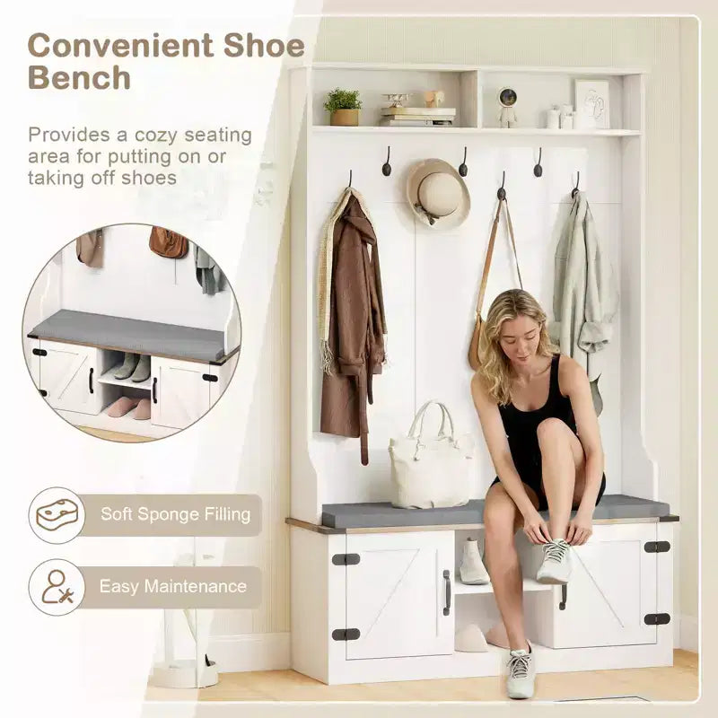 Portemanteau Costway 68,5" 4-en-1 avec banc rembourré, rangement à chaussures, 7 patères et 2 placards, blanc