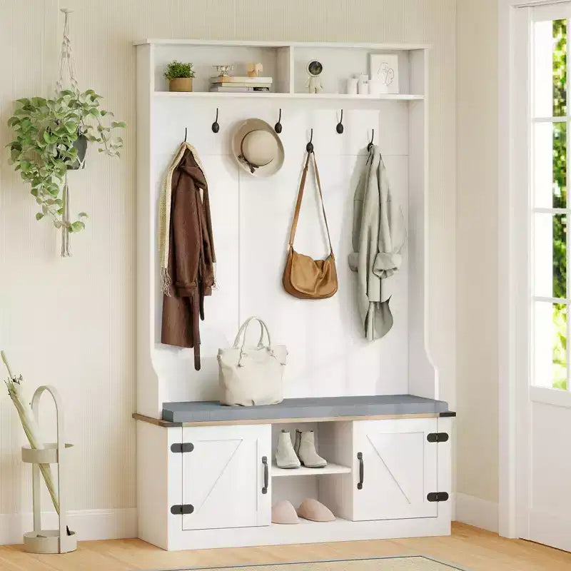 Portemanteau Costway 68,5" 4-en-1 avec banc rembourré, rangement à chaussures, 7 patères et 2 placards, blanc