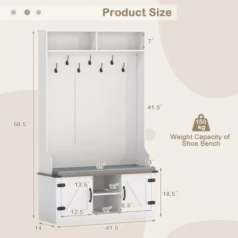Portemanteau Costway 68,5" 4-en-1 avec banc rembourré, rangement à chaussures, 7 patères et 2 placards, blanc