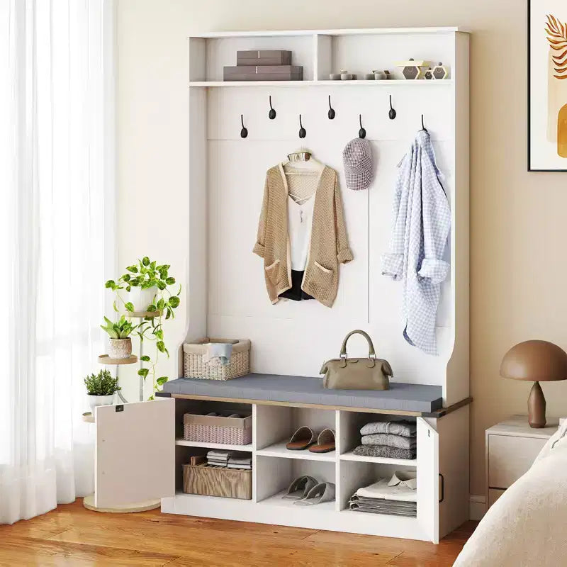 Portemanteau Costway 68,5" 4-en-1 avec banc rembourré, rangement à chaussures, 7 patères et 2 placards, blanc