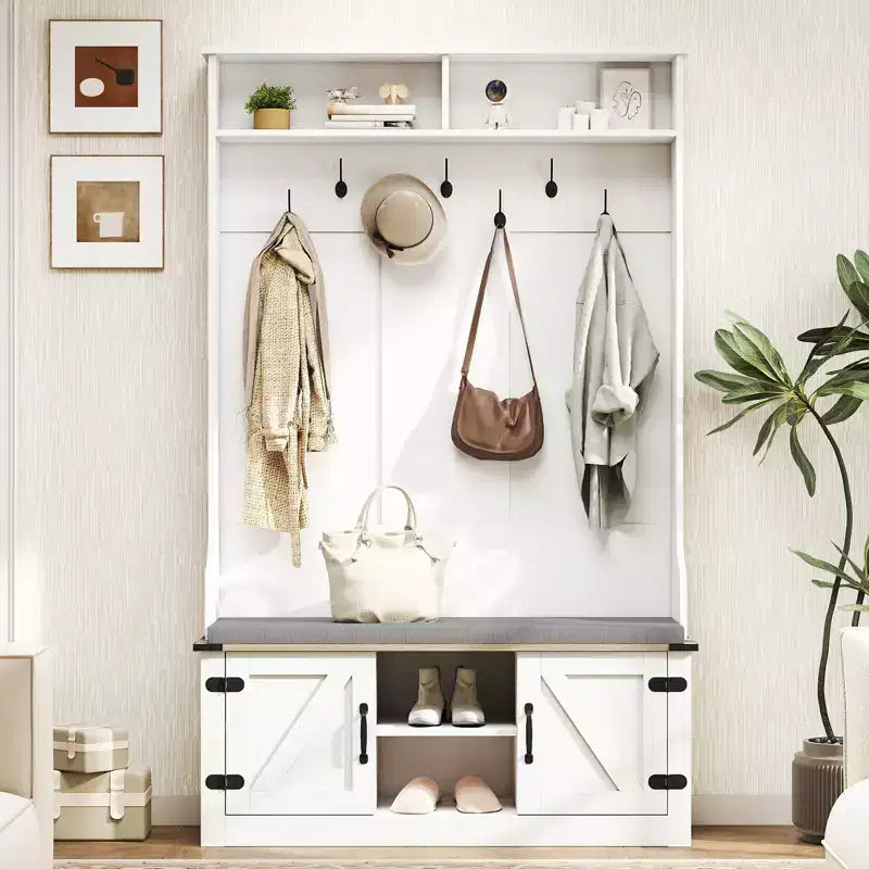 Portemanteau Costway 68,5" 4-en-1 avec banc rembourré, rangement à chaussures, 7 patères et 2 placards, blanc