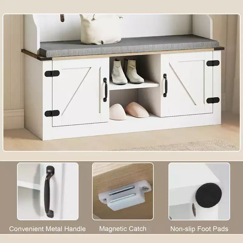 Portemanteau Costway 68,5" 4-en-1 avec banc rembourré, rangement à chaussures, 7 patères et 2 placards, blanc
