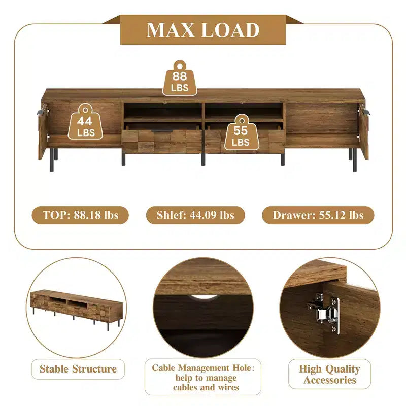 Meuble TV moderne Maurice Mid-Century avec 2 tiroirs et portes d'armoire à grille décorative GDFStudio