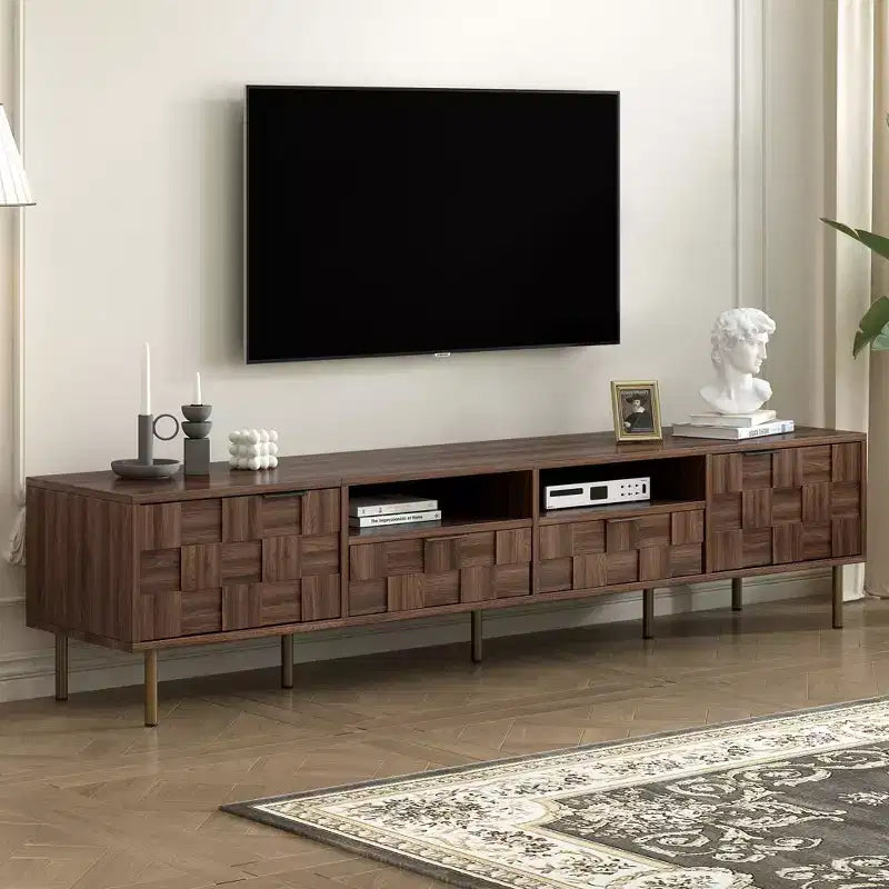 Meuble TV moderne Maurice Mid-Century avec 2 tiroirs et portes d'armoire à grille décorative GDFStudio