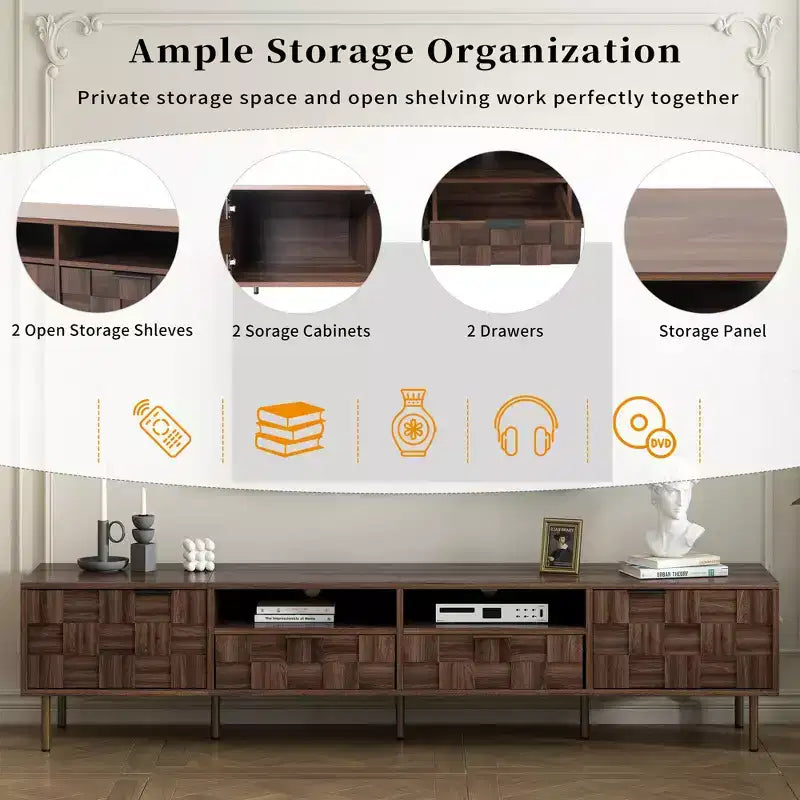 Meuble TV moderne Maurice Mid-Century avec 2 tiroirs et portes d'armoire à grille décorative GDFStudio