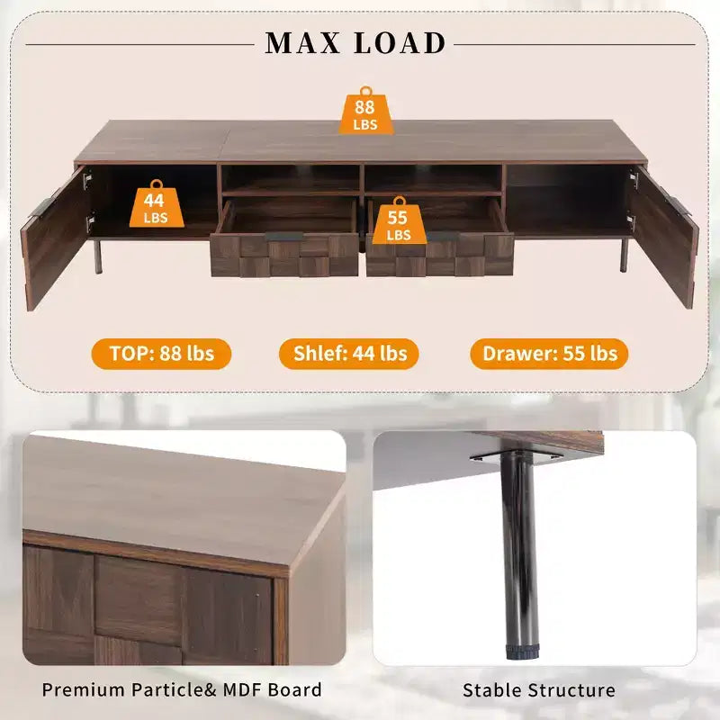 Meuble TV moderne Maurice Mid-Century avec 2 tiroirs et portes d'armoire à grille décorative GDFStudio