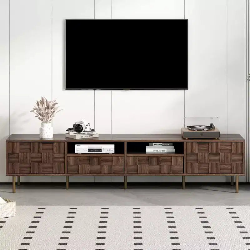 GDFStudio Maurice Mid Century Modern TV Stand with 2 Drawers and Decorative Grid Cabinet Doors