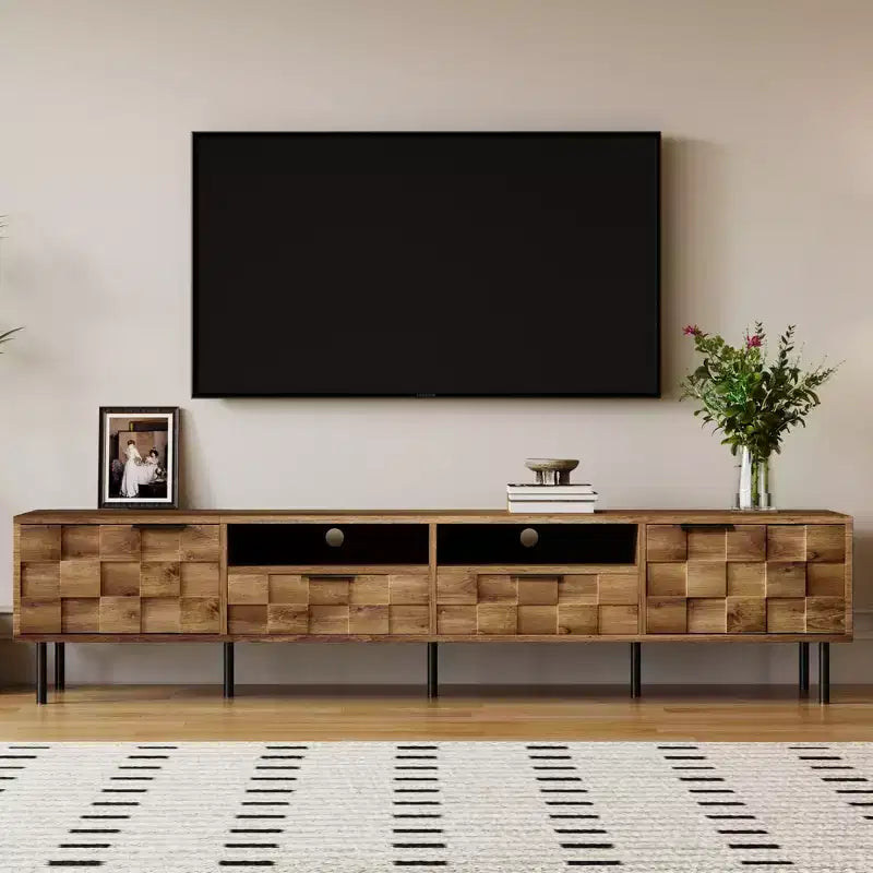 Meuble TV moderne Maurice Mid-Century avec 2 tiroirs et portes d'armoire à grille décorative GDFStudio