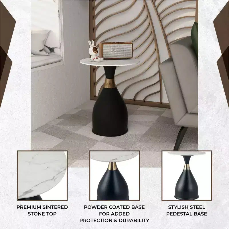 Table d'appoint LeisureMod Bento avec plateau en pierre frittée - Table de chevet à base piédestal noire