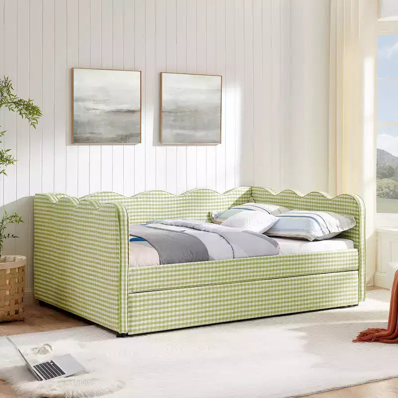 Lit de repos complet Zeus & Ruta avec lit gigogne – Tissu en lin à carreaux, tête de lit ondulée et port de chargement USB