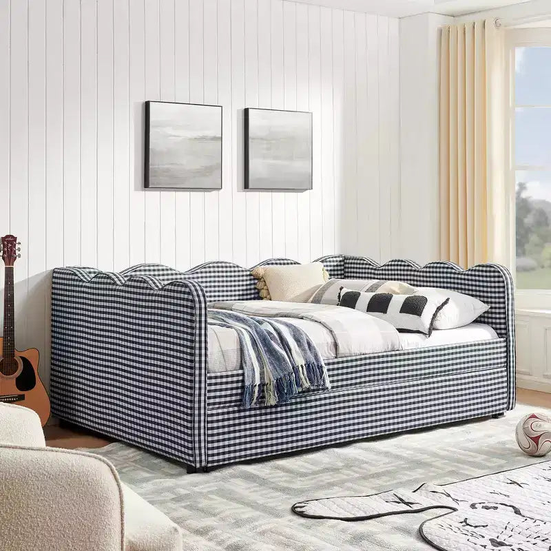 Lit de repos complet Zeus & Ruta avec lit gigogne – Tissu en lin à carreaux, tête de lit ondulée et port de chargement USB