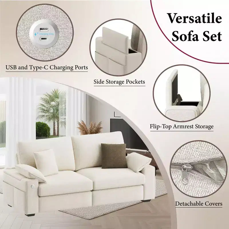 Canapé moderne en tissu mélangé de lin avec ports de chargement USB et Type-C, poches de rangement latérales et accoudoir relevable pour le salon