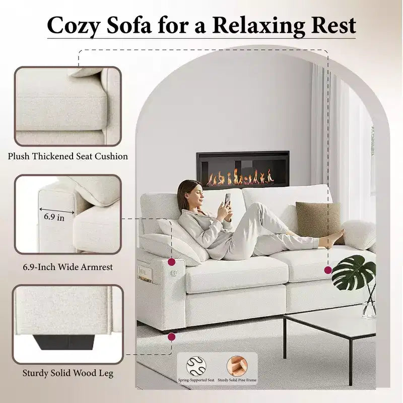 Canapé moderne en tissu mélangé de lin avec ports de chargement USB et Type-C, poches de rangement latérales et accoudoir relevable pour le salon