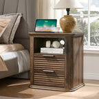 JVNOXK 22-inch Modern Bedside Table with Curved Charging Station, Featuring 2 Drawers and Open Storage Space, Suitable for Bedrooms, Walnut