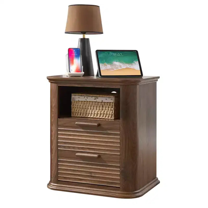 Table de chevet moderne JVNOXK de 22 pouces avec station de charge incurvée, dotée de 2 tiroirs et d'un espace de rangement ouvert, adaptée aux chambres, Noyer