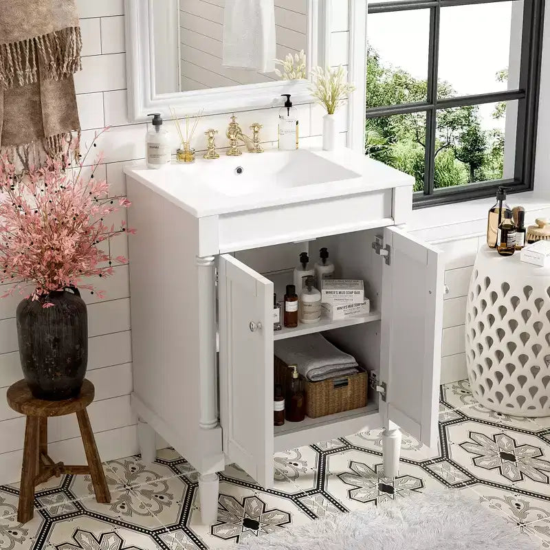 Meuble-lavabo JVNOXK de 61 cm à vasque unique, meuble de rangement de salle de bain moderne à deux niveaux, étagère de rangement grande capacité, blanc