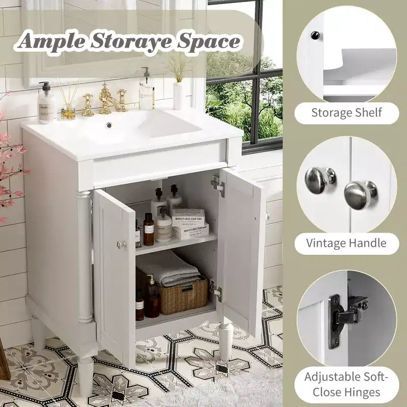 Meuble-lavabo JVNOXK de 61 cm à vasque unique, meuble de rangement de salle de bain moderne à deux niveaux, étagère de rangement grande capacité, blanc