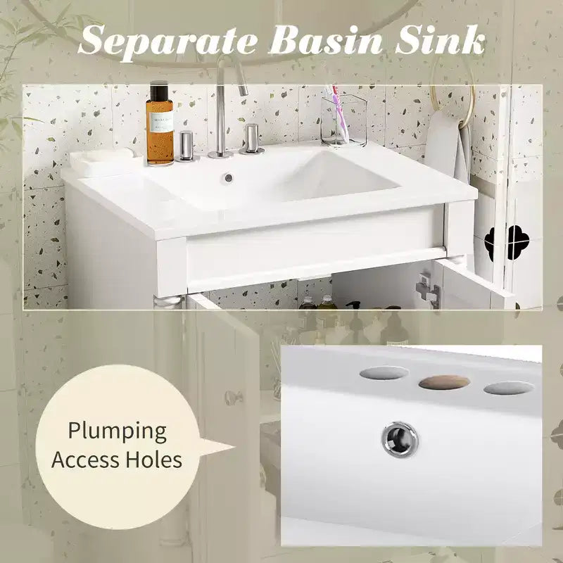 Meuble-lavabo JVNOXK de 61 cm à vasque unique, meuble de rangement de salle de bain moderne à deux niveaux, étagère de rangement grande capacité, blanc