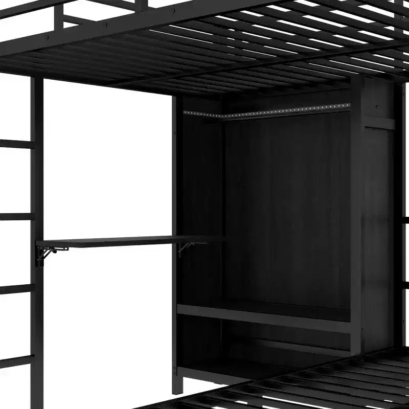 Bellemave – Lit superposé en métal Full XL sur jumeau avec bureau pliant, placard avec LED, peu encombrant/réduction du bruit, noir