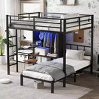Bellemave – Lit superposé en métal Full XL sur jumeau avec bureau pliant, placard avec LED, peu encombrant/réduction du bruit, noir