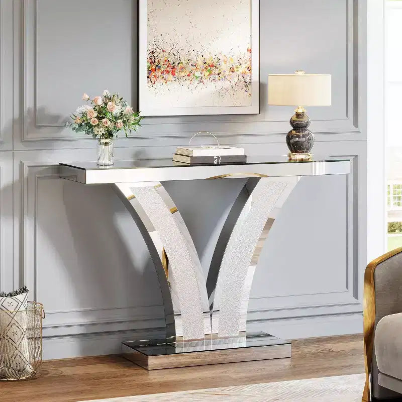 Console miroir Lantine, table d'entrée moderne argentée avec incrustation de cristaux pour salon, couloir, foyer