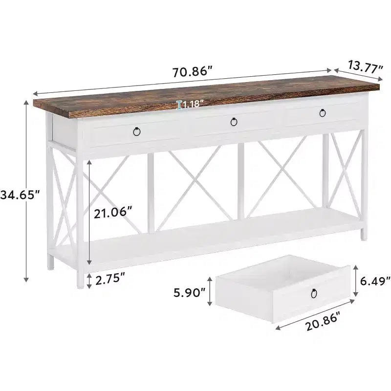 Console Lantine de 179,8 cm avec 3 tiroirs, table d'entrée de style ferme avec étagère de rangement pour entrée, couloir, blanc et marron