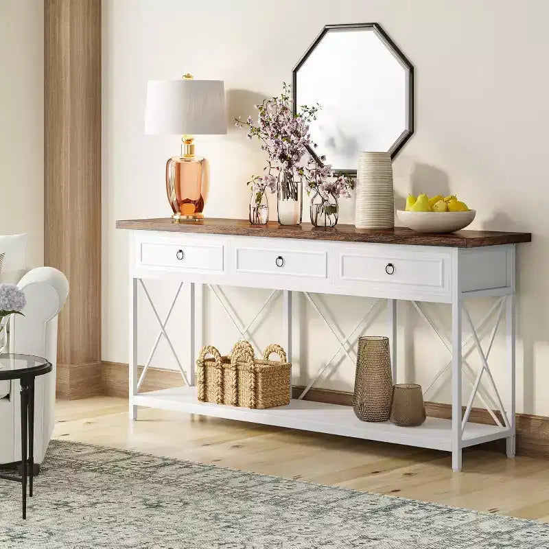 Console Lantine de 179,8 cm avec 3 tiroirs, table d'entrée de style ferme avec étagère de rangement pour entrée, couloir, blanc et marron