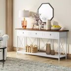 Console Lantine de 179,8 cm avec 3 tiroirs, table d'entrée de style ferme avec étagère de rangement pour entrée, couloir, blanc et marron
