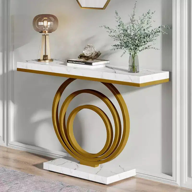 Lantine - Table d'entrée dorée de 104 cm avec plateau en placage d'faux marbre, console moderne et étroite pour salon, couloir, entrée.