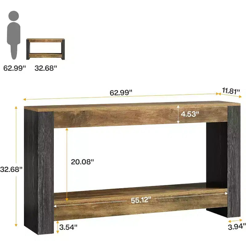 Console longue Lantine de 160 cm pour entrée, table de canapé en bois de style ferme derrière le canapé pour salon, couloir, marron rustique et noir
