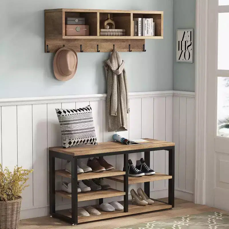 Ensemble porte-manteaux Lantine, meuble d'entrée avec banc à chaussures industriel, 3 niches de rangement et 7 patères, design 5-en-1 pour entrée/couloir, chêne vintage