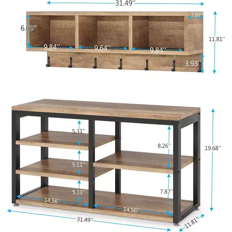 Ensemble porte-manteaux Lantine, meuble d'entrée avec banc à chaussures industriel, 3 niches de rangement et 7 patères, design 5-en-1 pour entrée/couloir, chêne vintage