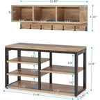 Ensemble porte-manteaux Lantine, meuble d'entrée avec banc à chaussures industriel, 3 niches de rangement et 7 patères, design 5-en-1 pour entrée/couloir, chêne vintage